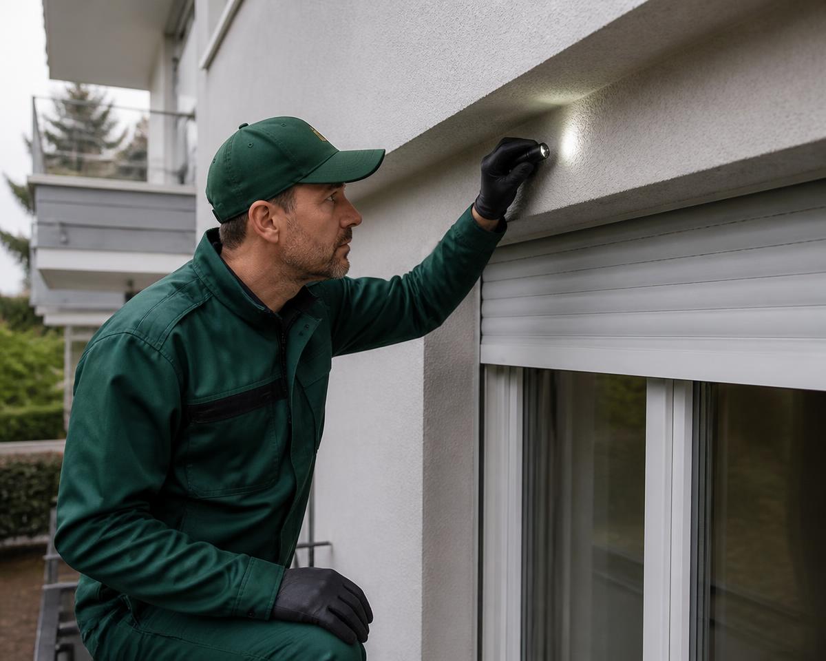 Fachperson für Schädlingsbekämpfung kontrolliert Fassade und Storenkasten eines Wohnhauses im Kanton Zürich