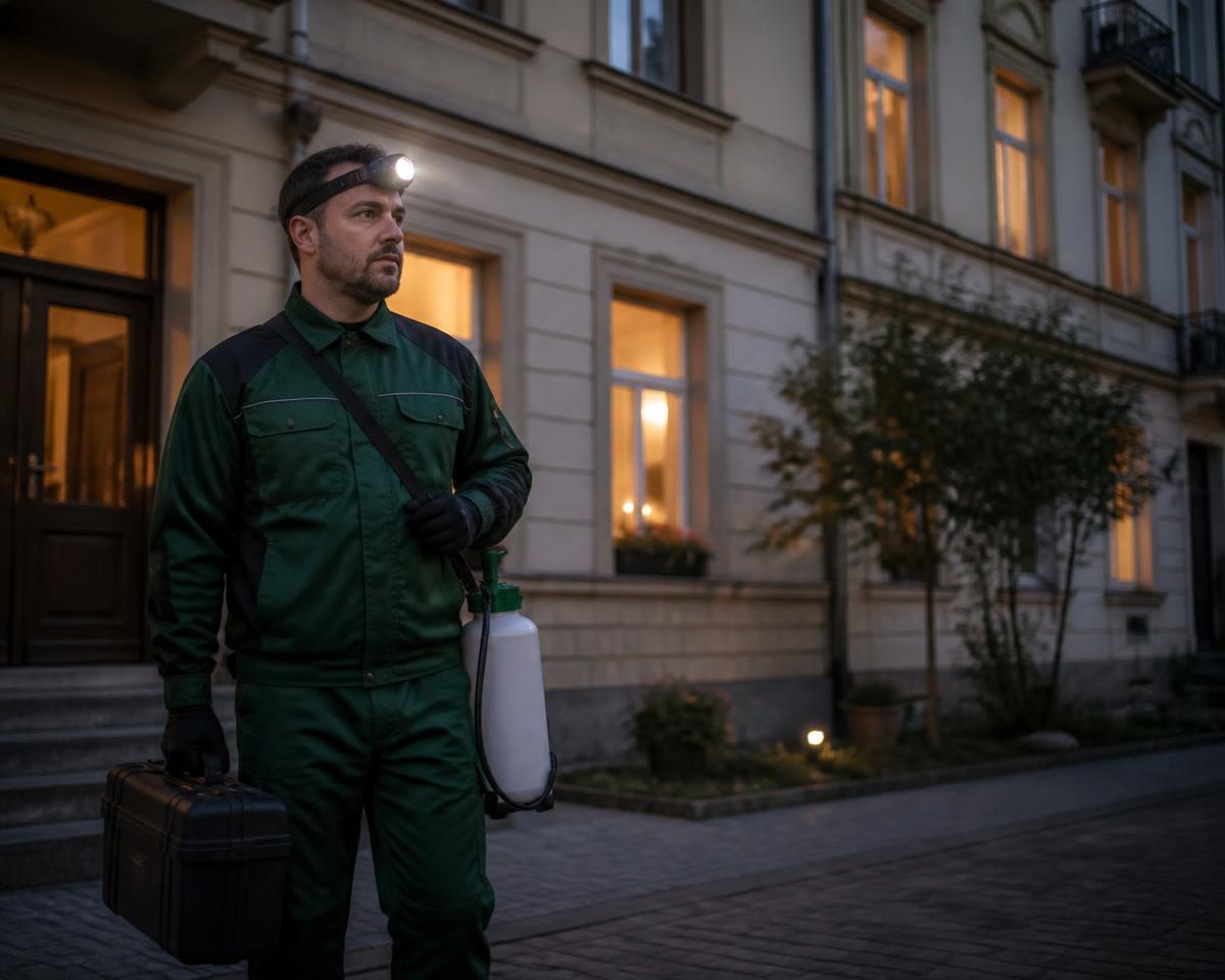 Fachperson für Schädlingsbekämpfung mit Ausrüstung vor einem Wohnhaus am Abend